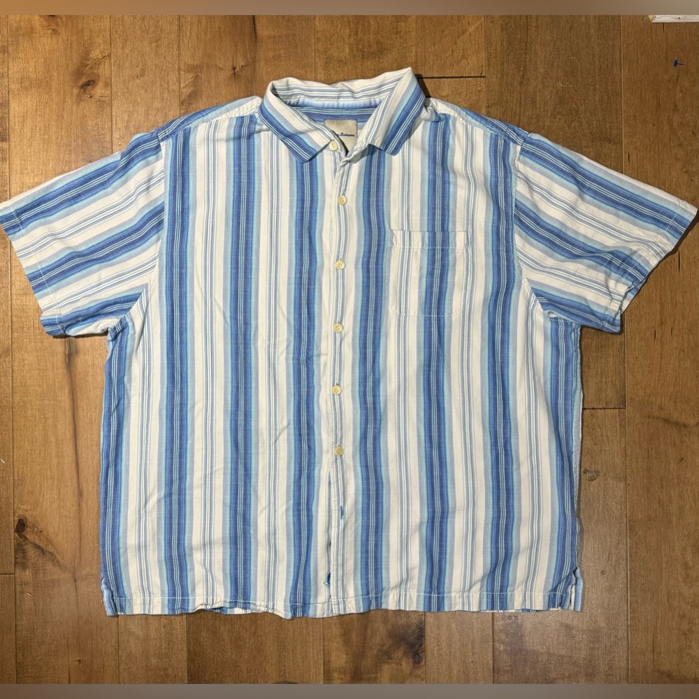 Men’s Tommy‎ Bahama Blue White 100% Silk Striped Short Sleeve Button Up Size 2XB